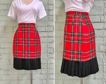 vintage 1980s plaid skirt 80s wool tartan tiered pencil skirt preppy mod dark academia schoolgirl skirt / small