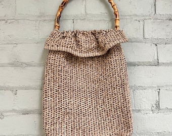 vintage 1970s boho woven handbag 70s handmade textile tote woven wood handle market bag