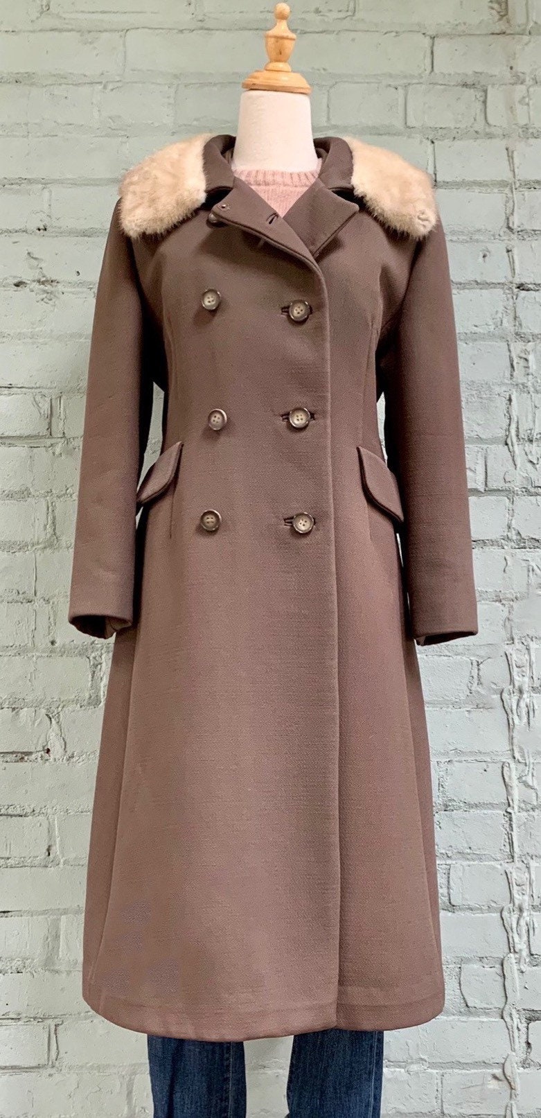 Vintage 1960s Mod Wool Coat / 60s Long Fur Collar Overcoat