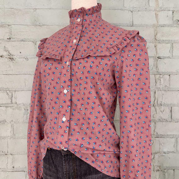 Vintage 80s Floral Ruffle Blouse: High Collar Prairie Shirt - Small