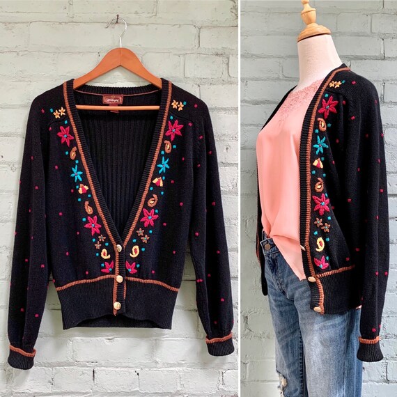 vintage 1990s black embroidered cardigan / 90s ove