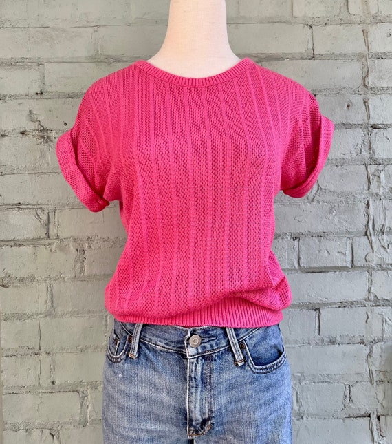 vintage 1960s short sleeve pointelle sweater 60s … - image 2