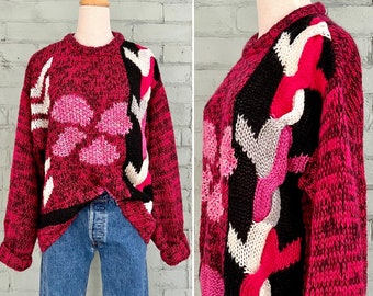 vintage 1980s handknit novelty sweater chinky 80s slouchy cable knit oversized pullover cosy casual heavy fashion jumper / large