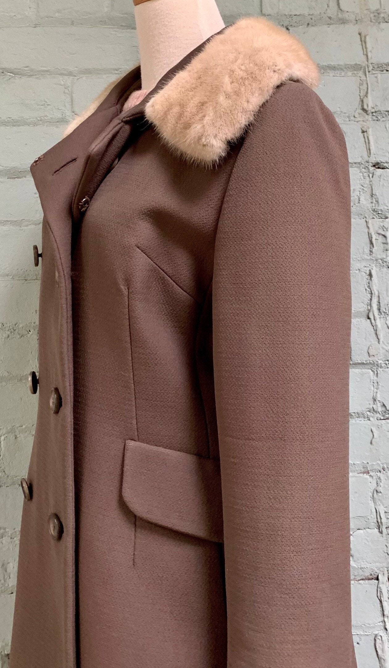 Vintage 1960s Mod Wool Coat / 60s Long Fur Collar Overcoat