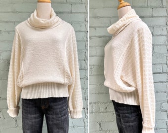 vintage 1970s cream cowl neck sweater 70s boho jacquard knit pullover mod casual cosy dolman sleeve jumper / large