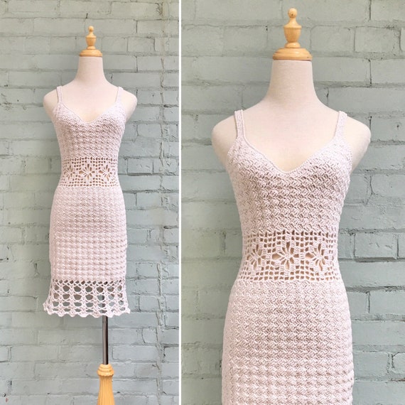 vintage 70s crochet mini dress / 1970s boho macram