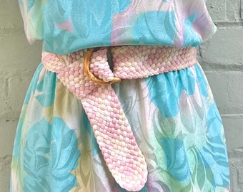 vintage 1980s wide woven belt 80s pastel cinch belt fashion preppy casual d-ring adjustable fabric belt