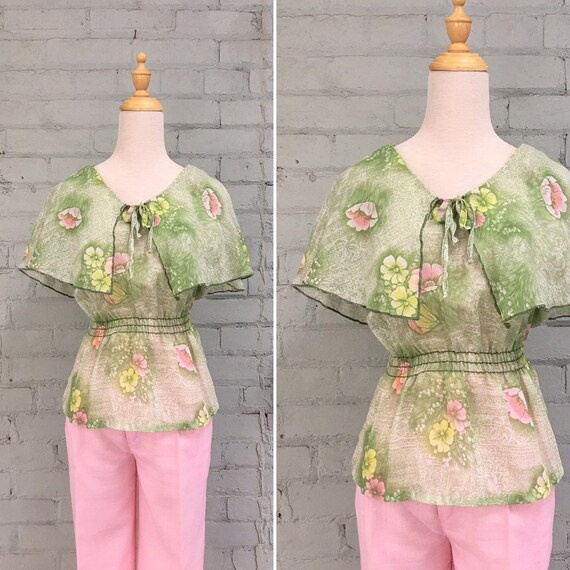 vintage 1970s floral blouse / 70s flutter sleeve b