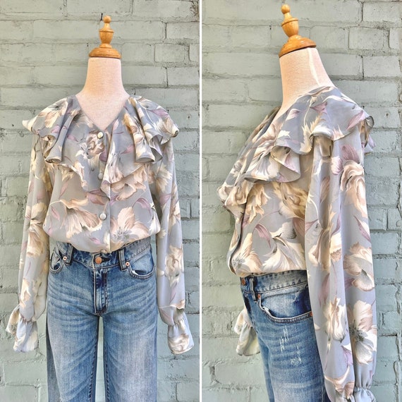 vintage 1980s floral ruffle collar blouse 80s flo… - image 1