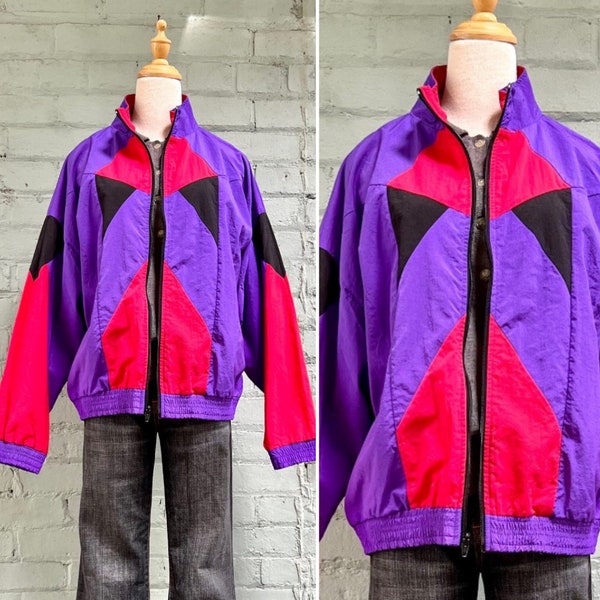 vintage 1980s nylon windbreaker jacket 80s zip up bomber jacket casual colour block funnel neck athleisure sportswear streetwear / large