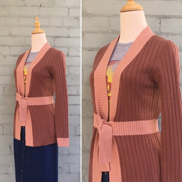 Vintage 1970s belted cardigan, boho cardigan, wrap sweater, lightweight ribbed sweater