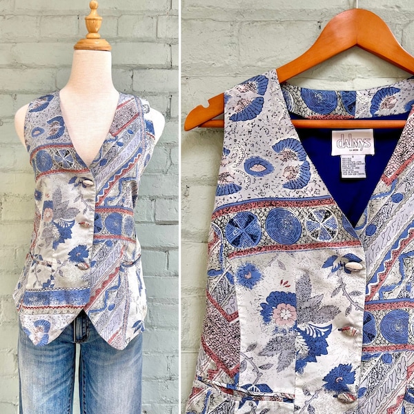 vintage 1990s floral button down vest 90s silk novelty print fashion vest classic preppy mod layering menswear waistcoat / small