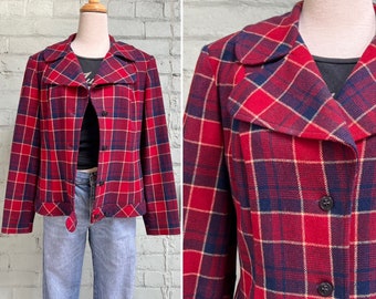 vintage 1970s wool plaid Pendleton blazer 70s wide dagger collar jacket coat boho classic mod preppy / large