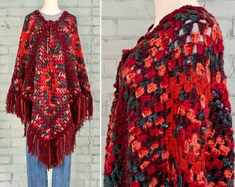 vintage 1970s fringe poncho 70s crochet granny square cape long boho hippie folk festival southwestern poncho / one size