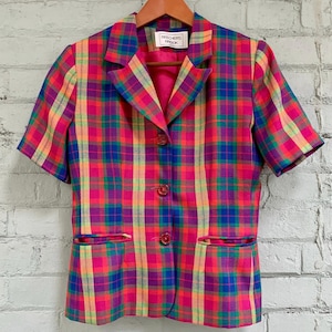 Vintage 80s Madras Plaid Blazer: Short Sleeve Summer Jacket - Medium