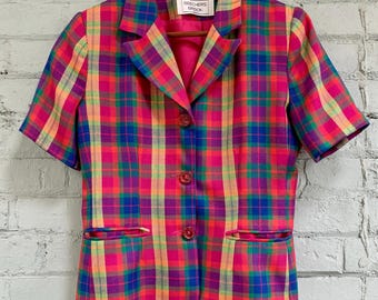 Blazer à carreaux Madras vintage des années 80 : veste d'été à manches courtes - moyenne