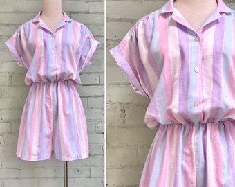 vintage 1980s striped romper 80s shorts jumpsuit casual preppy summer playsuit / medium