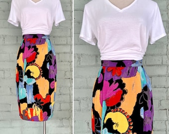 vintage 1980s floral secretary skirt 80s colourful high waisted pencil skirt mod pretty summer resort cruisewear skirt / medium