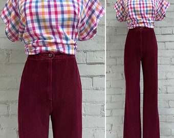 vintage 1970s corduroy pants 70s burgundy high rise cords casual straight leg mod preppy casual slacks / medium