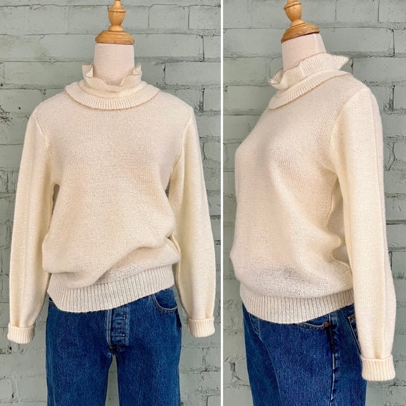 vintage 1980s cream pullover sweater 80s ruffle k… - image 1