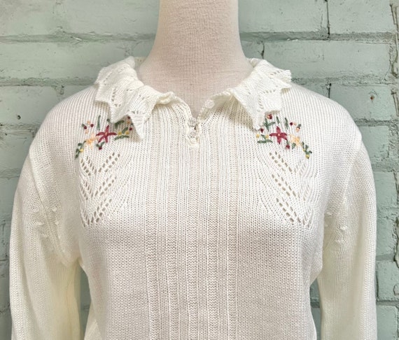 vintage 1980s cream floral long sleeve sweater / … - image 3