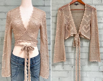 vintage 1990s crochet wrap top 90s boho ballet sweater long sleeve open knit hippie festival club top / small