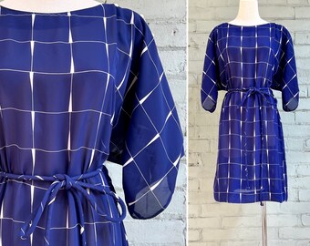 vintage 1980s kimono sleeve shift dress 80s short sleeve belted secretary dress mod casual boho flowy party dress / large