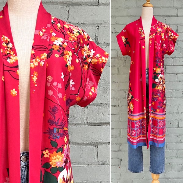 vintage 1970s long floral kimono duster blouse 70s open tunic cardigan topper jacket mod boho beach cover robe / medium