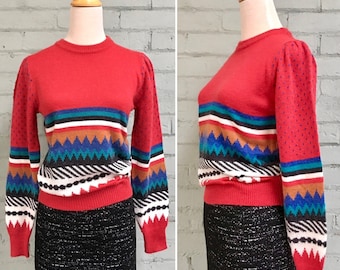 vintage 1970s striped crew neck sweater 70s long sleeve knit pullover mod boho preppy pretty casual layering jumper / small