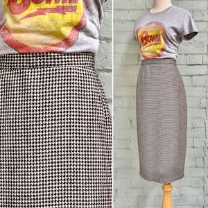 vintage 1980s houndstooth midi skirt 80s high waisted wool blend pencil skirt classic preppy academia fitted fashion skirt / medium