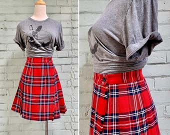 vintage 1980s pleated plaid mini skirt 80s wrap kilt uniform skirt classic tartan preppy mod schoolgirl uniform academia skirt / small