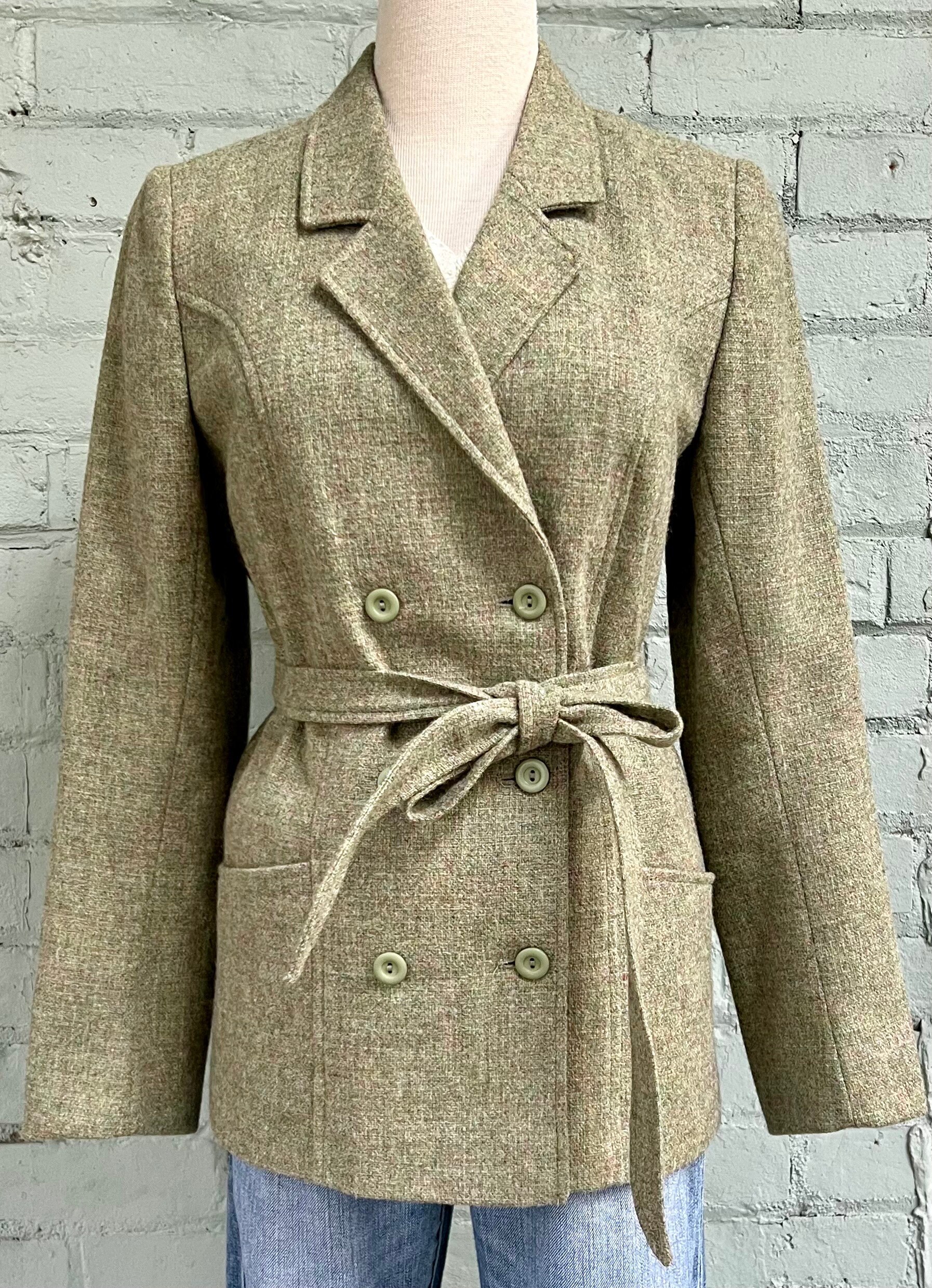 ヴィンテージ80年代ウールツイードブレザー：ダブルブレストベルト
