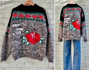 vintage 1980s novelty print sweater oversized heart pattern 80s heavy knit jacquard pullover cosy casual preppy long jumper / medium - large