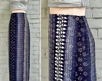 vintage 1990s novelty print wrap skirt 90s high waisted abstract print maxi skirt boho festival grunge skirt / medium