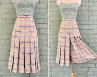 vintage 1980s pleated plaid culottes 80s high waisted knee length tartan capri skirt pants mid classic academia office / small