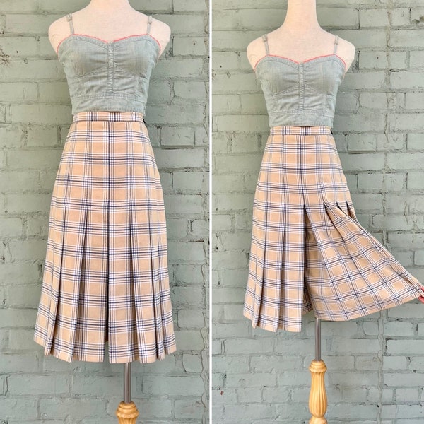 vintage 1980s pleated plaid culottes 80s high waisted knee length tartan capri skirt pants mid classic academia office / small