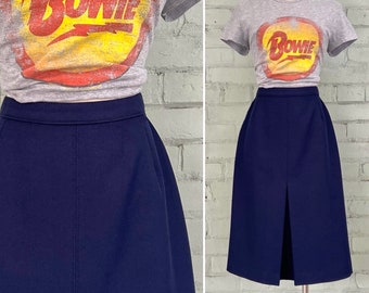 vintage 1970s pleated a-line skirt 70s navy blue knee length box pleat secretary skirt mod preppy classic academia office skirt / small