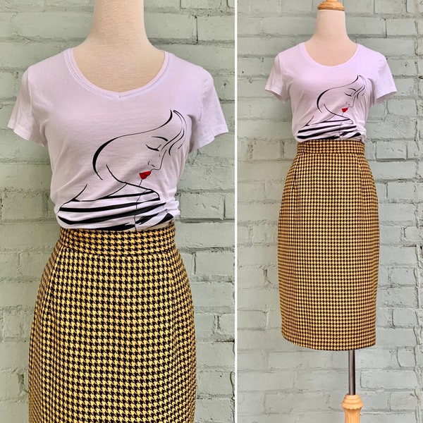 vintage 1980s houndstooth secretary skirt 80s high waisted pencil skirt classic preppy academia fitted fashion skirt / medium