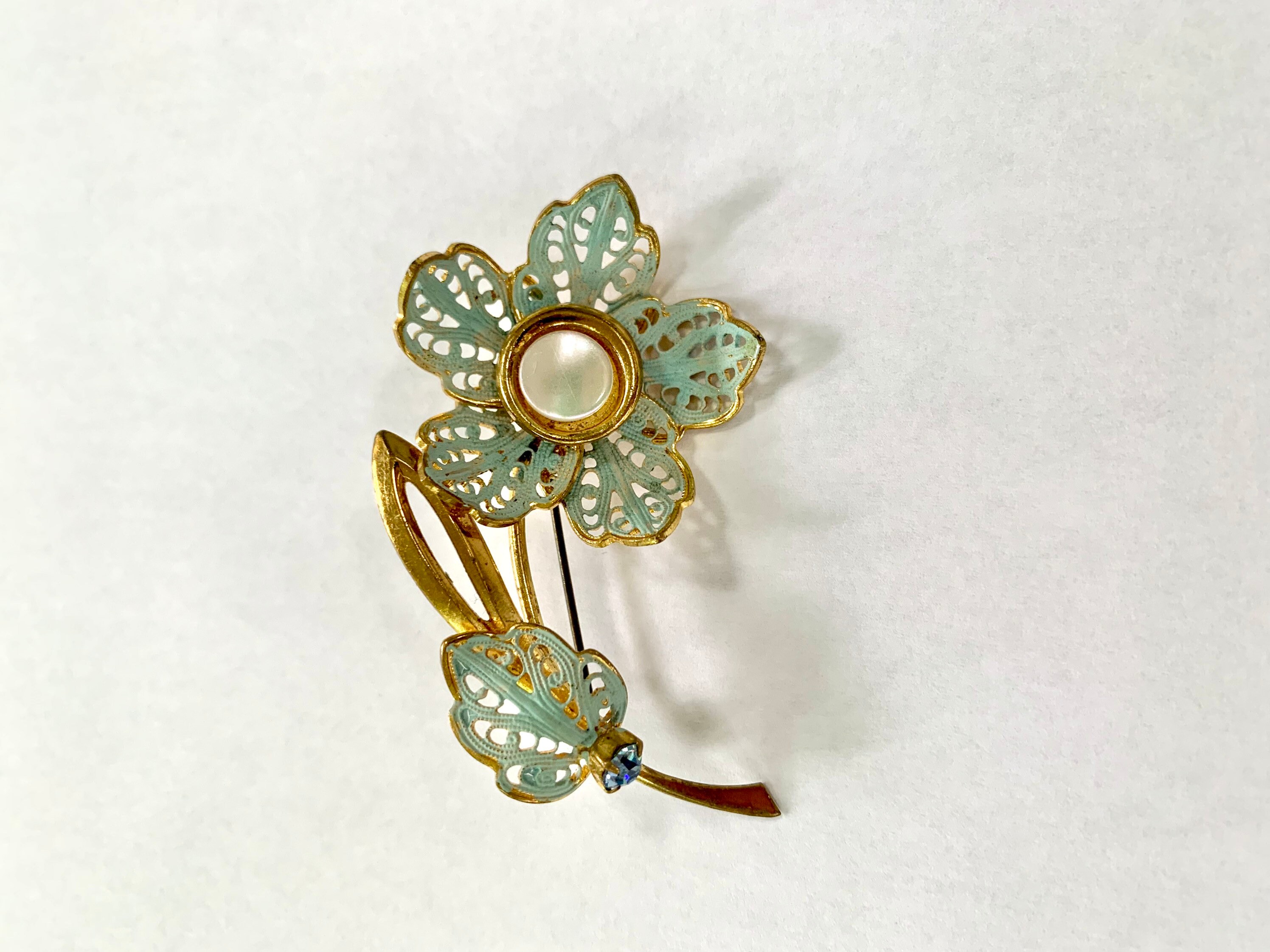 Vintage Filigree Flower Brooch Gold Tone Large Painted