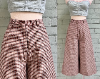 vintage 1970s wool houndstooth culottes 70s high rise wide leg cropped pants mod capri knickers classic academia preppy / extra small