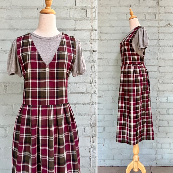 vintage 1990s plaid pinafore dress / 90s midi tar… - image 1