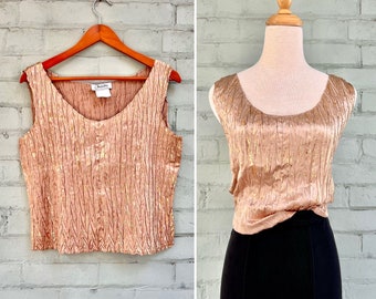 vintage 1990s plisse pleated tank top metallic gold 90s accordion sleeveless layering camisole shell dressy evening cocktail club / large