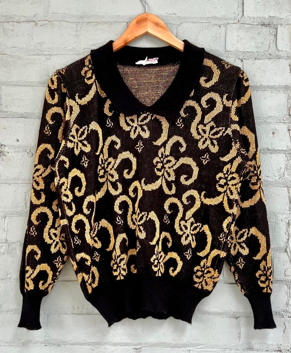 vintage 1980s metallic novelty  print sweater bla… - image 5