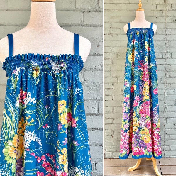 vintage 1970s floral full length trapeze dress / 70s spaghetti strap maxi sundress / boho lounge wear house dress / medium