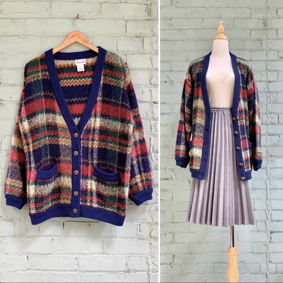 vintage 1980s long plaid cardigan / 80s fuzzy wool sweater coat / retro preppy cardigan