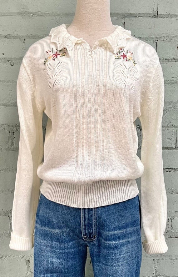 vintage 1980s cream floral long sleeve sweater / … - image 2