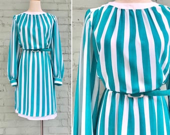 vintage 1980s striped dress 80s midi secretary dress classic mod preppy party cocktail dress / small