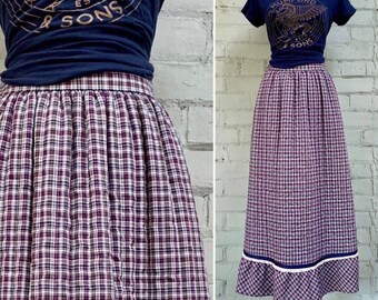 vintage 1960s 1970s plaid maxi peasant skirt 60s 70s mod quilted a-line skirt tiered ruffle cottagecore country prairie casual skirt / small