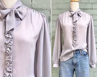 vintage 1980s sheer ruffle blouse 80s grey pussy bow blouse romantic elegant dressy pretty button down shirt / small