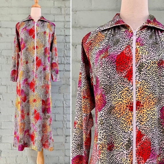 vintage 1970s floral midi shirt dress 70s zip up … - image 1